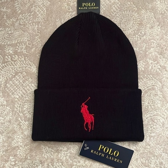 Brand New Polo Ralph Lauren Black Knit Stretch Beanie Hat Red Embroidered Pony - Picture 14 of 14
